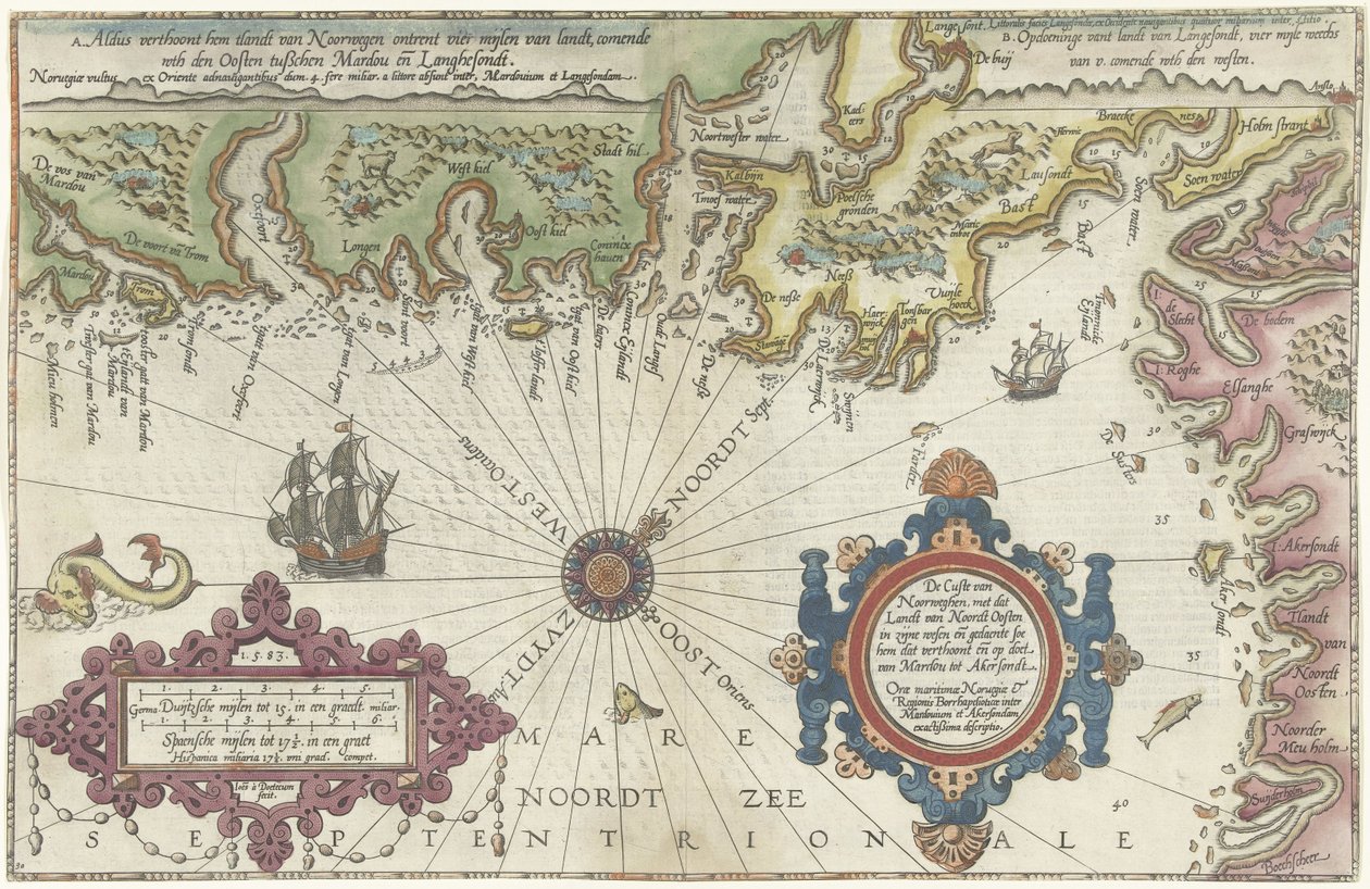 Mapa pobřeží Norska a Švédska mezi Merdøy a Uddevalla Custe van Noorweghen, s tím, že přistane od severu k východu na západě a tvarem (...) (nadpis na objektu) od Joannes van Doetechum (I)