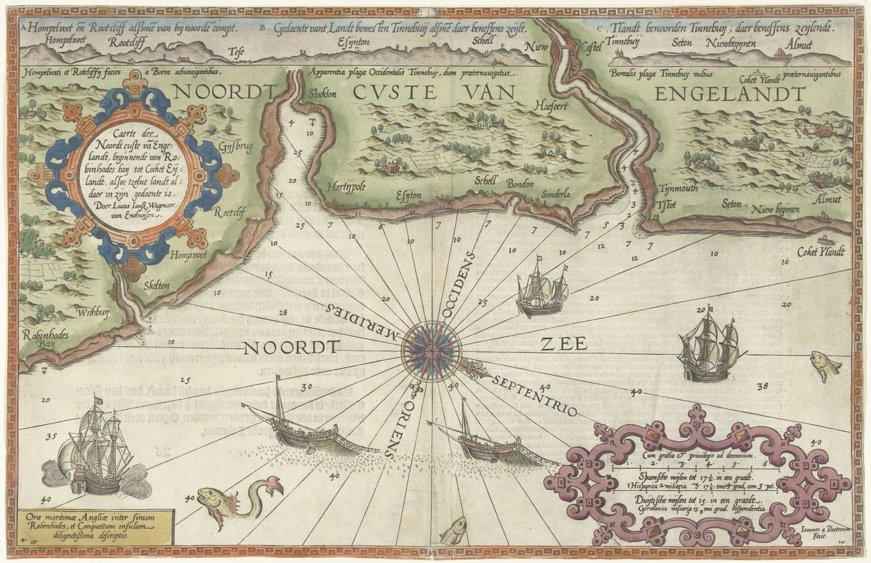 Mapa severního pobřeží Anglie v Newcastle upon Tyne Caerte der Noordt custe van Englandt, počínaje Robinhodes baij do Cocket Eijlandt (...) (název na předmětu) od Joannes van Doetechum (I)