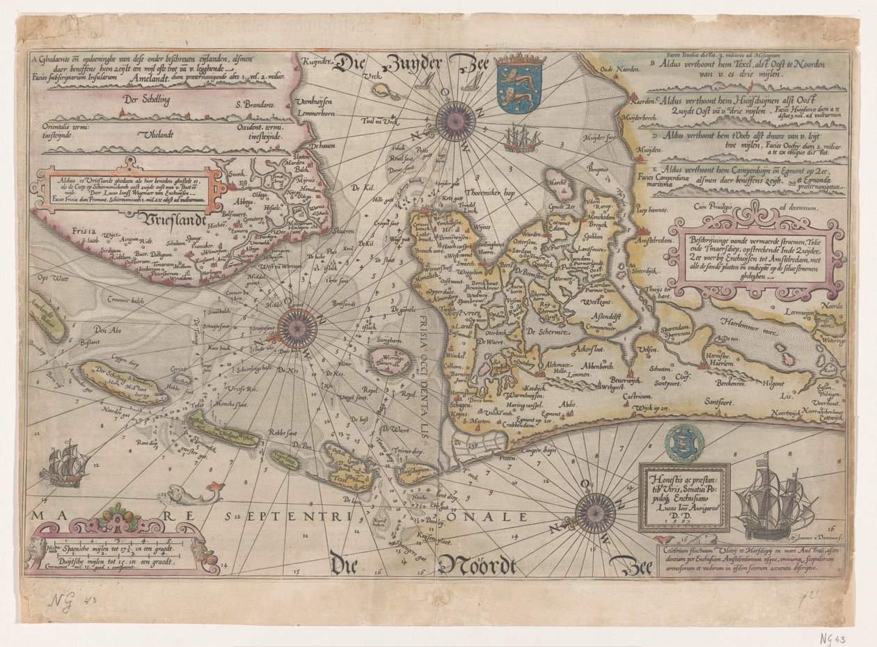 Mapa Vlie a Marsdiepu Popishe vande vermaerde stroemen, Tvlie and the Tmaersdiep, upstreckende In Zuijder Zee plul v Enchuijsen do Amstelredam, se všemi pískovými deskami a mělkou na sobě stroemen gheleghen (název na objektu) od Joannes van Doetechum (I)