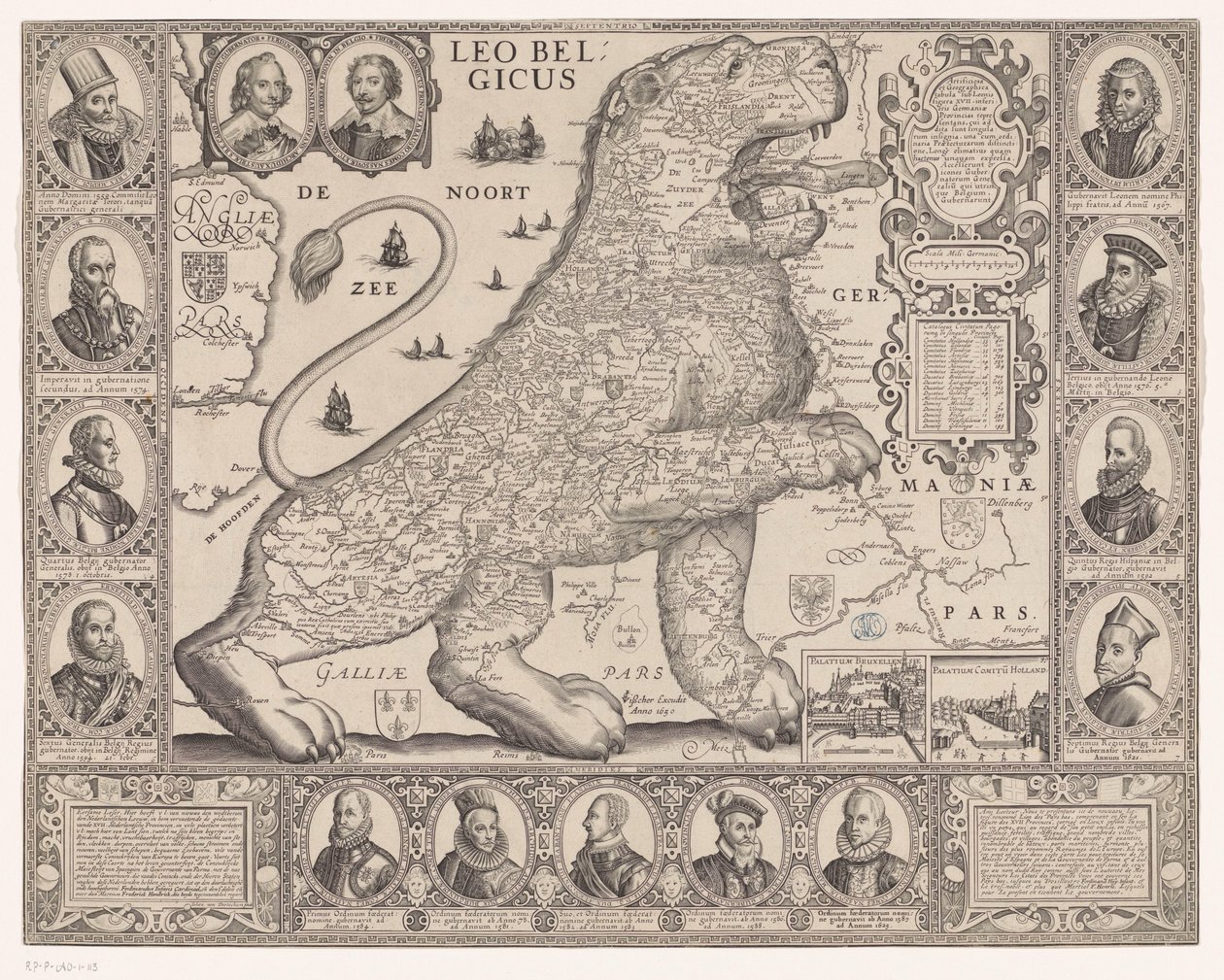 Mapa sedmnácti provincií ve tvaru holandského lva Leo Belgicus (titul na předmětu) od Joannes van Doetechum (II)