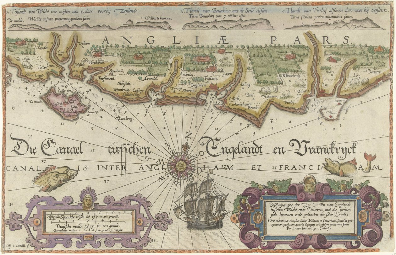 Mapa anglického pobřeží mezi ostrovem Wight a Doverem od Joannes van Doetecum