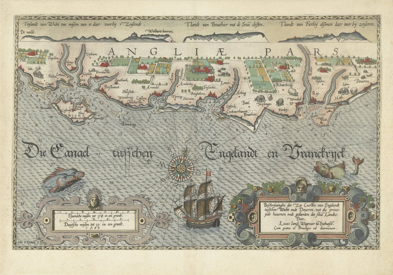Mapa pobřeží jižní Anglie mezi Isle of Wight a Dover od Joannes van Doetecum