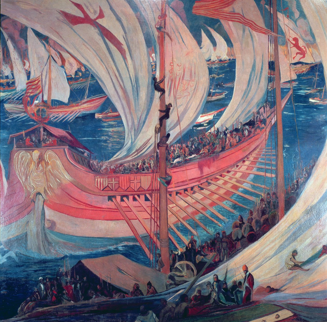 Loď „The Nau“, detail obrazu představujícího katalánskou expanzi ve Středomoří během 13. století (freska) od Joaquin Mir Trinxet
