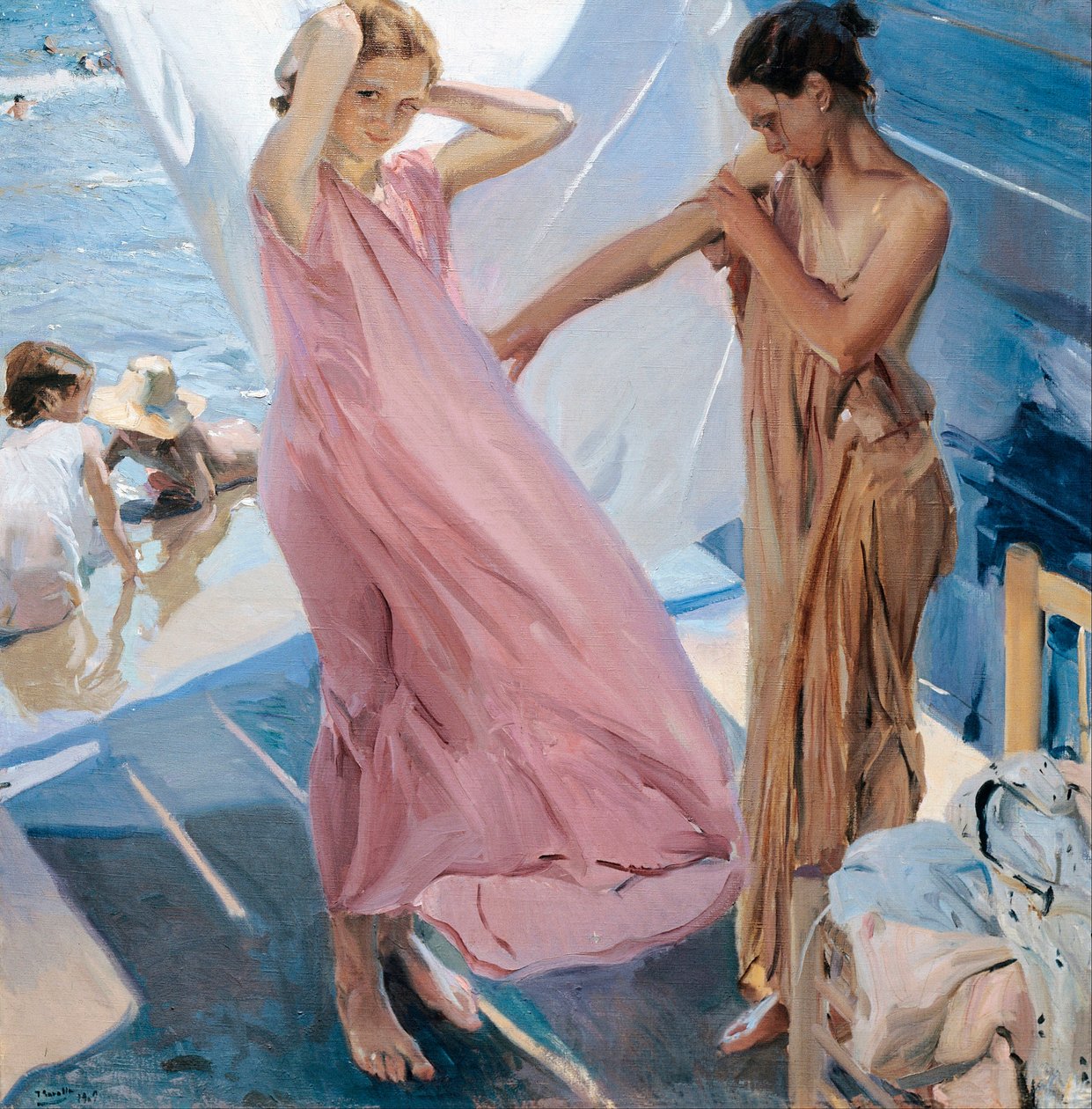 ""Apres le bain"" (Po koupeli) dvě mladé dívky se mění po koupeli v moři Obraz Joaquin Sorolla y Bastida (1863-1923) - 1909 - Olej na plátně - Museo Sorolla Madrid od Joaquin Sorolla y Bastida