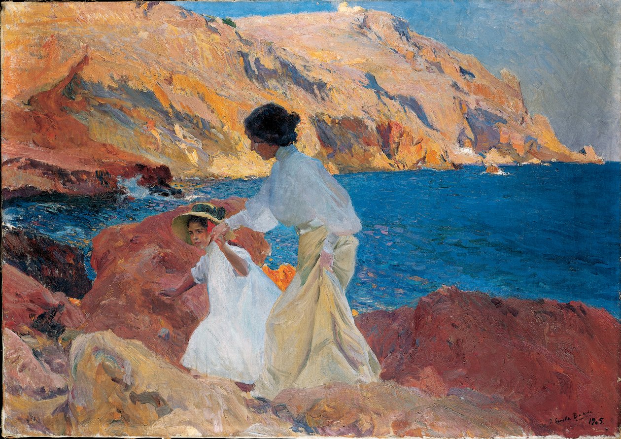 Clotilde a Elena on the Rocks, Javea, 1905 od Joaquín Sorolla