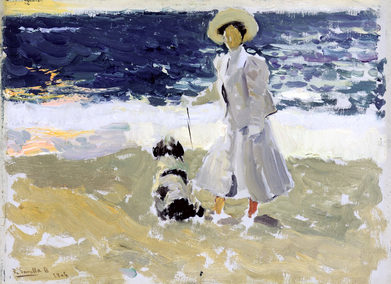 Dáma a pes na pláži od Joaquín Sorolla