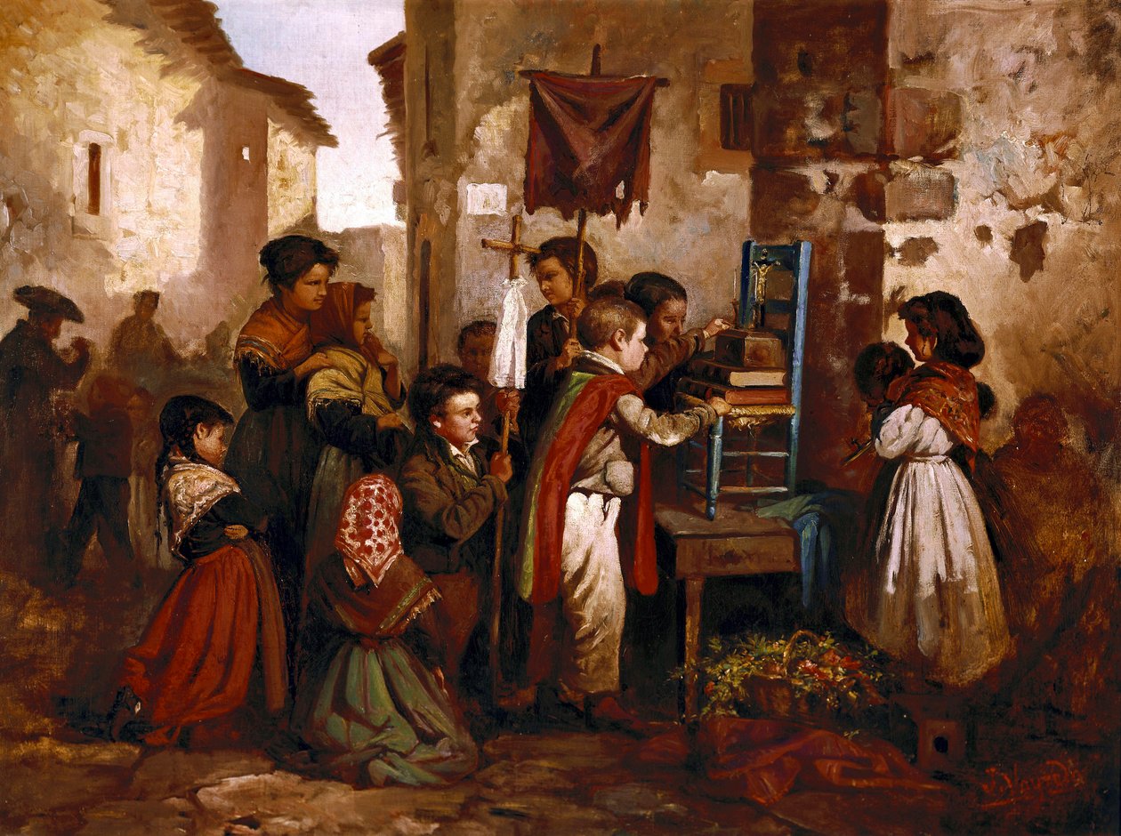 Děti hrající si v náboženském průvodu, obraz od Joaquima Vayreda y Vila od Joaquin Vayreda