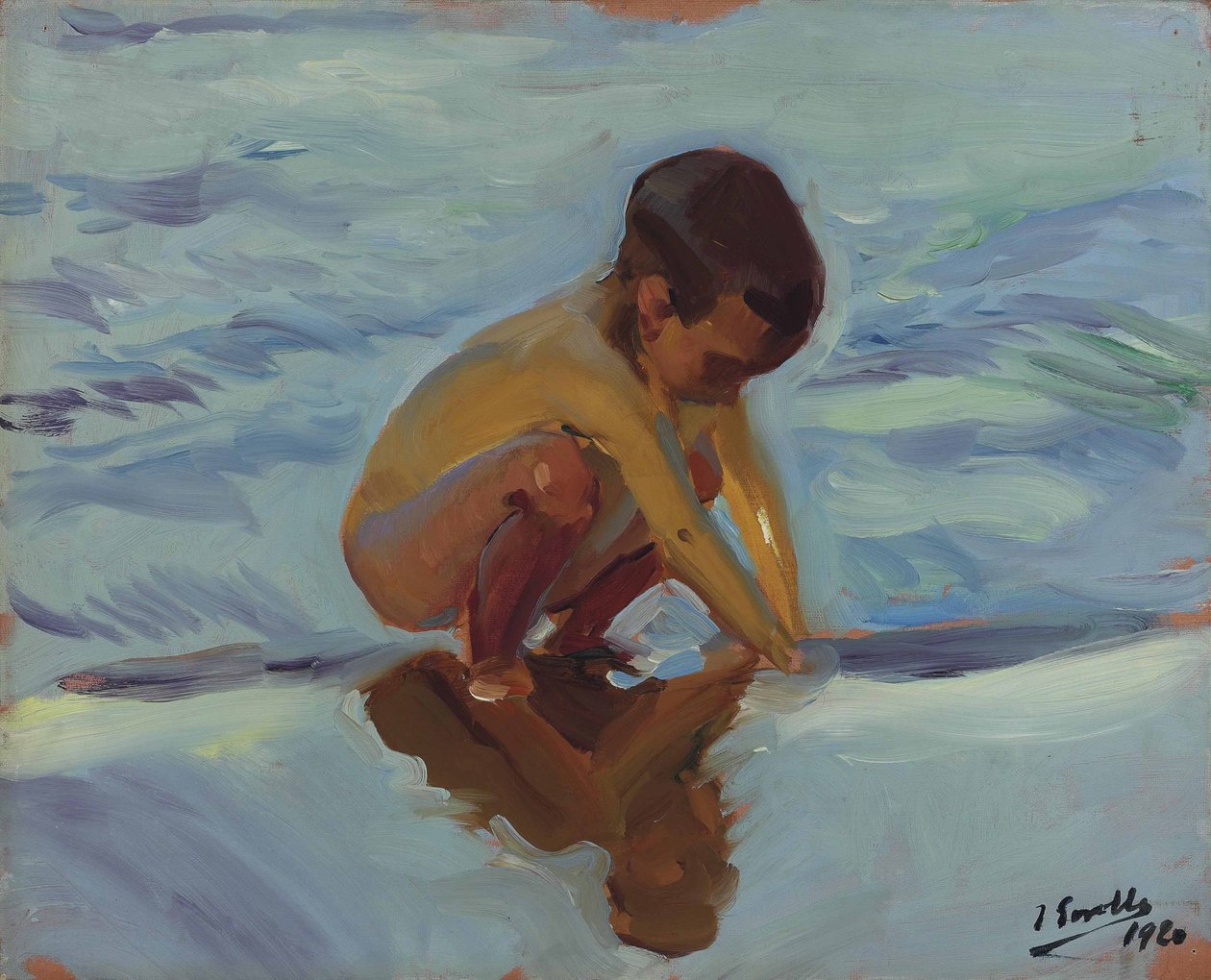 Podsvícení na pláži, přikrčil se chlapec od Joaquín Sorolla