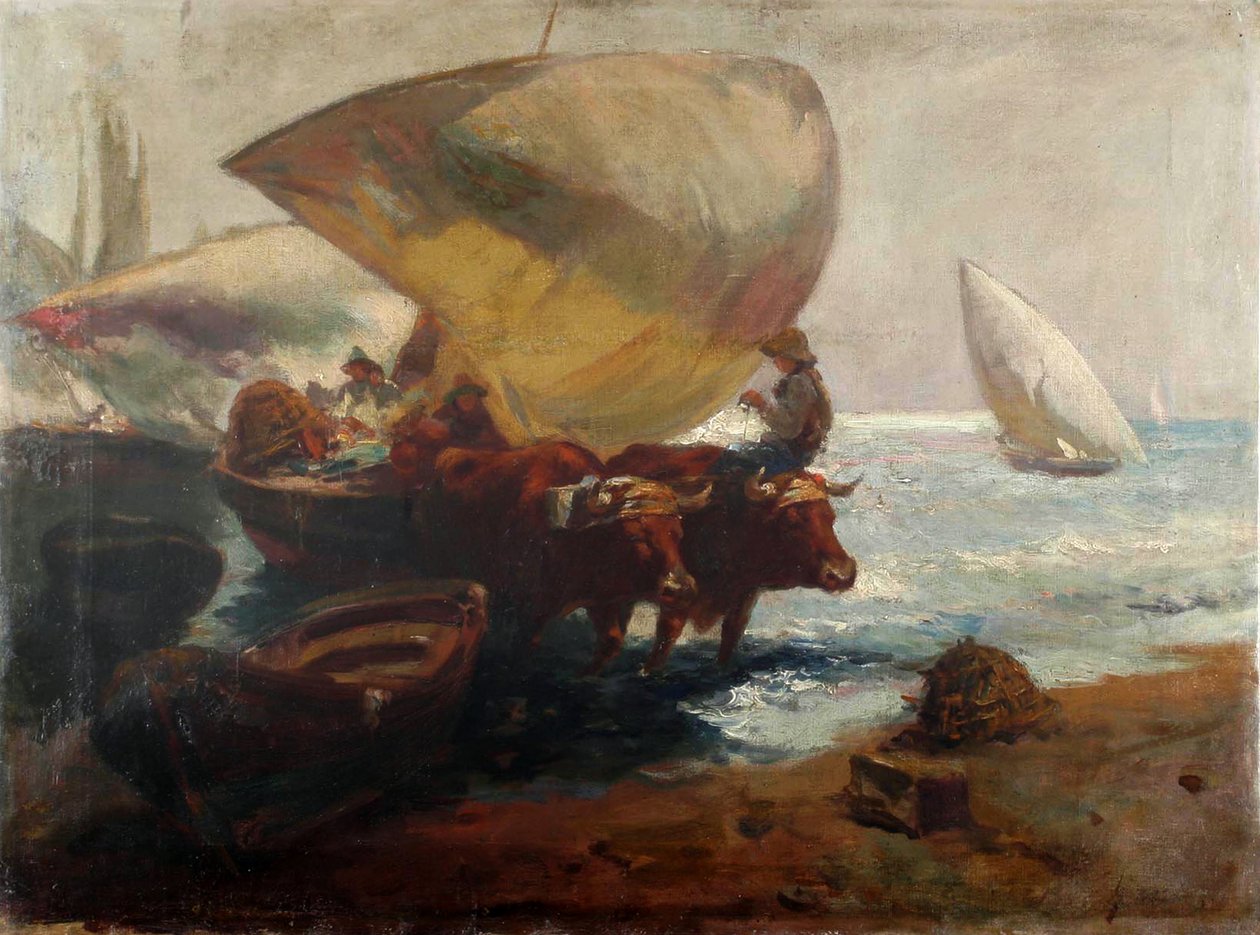 Plážová scéna s postavami a býky od Joaquín Sorolla
