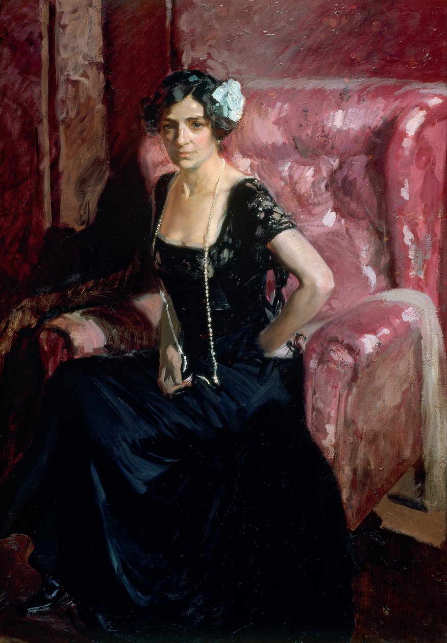 Clotilde ve večerních šatech od Joaquín Sorolla