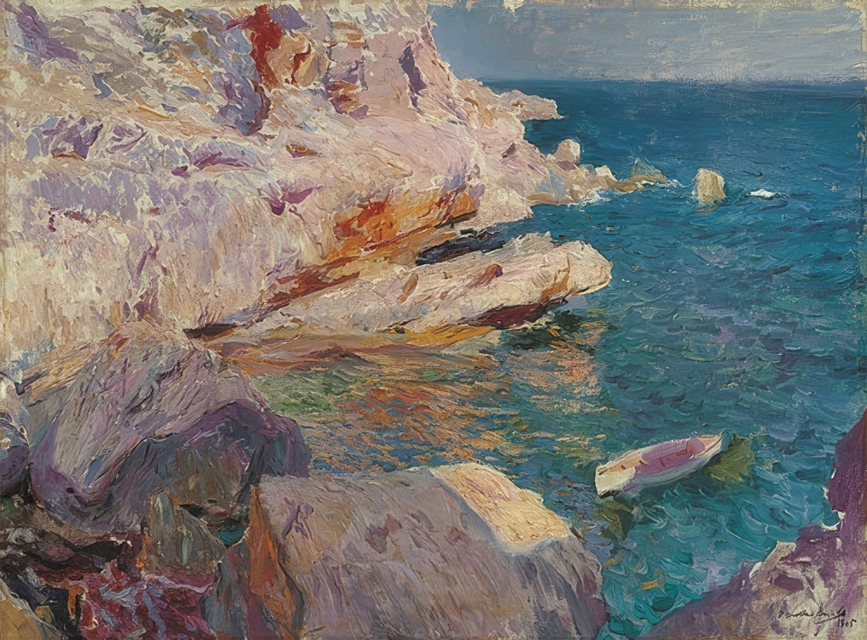 Jávea skály s bílou lodí. 1905 od Joaquín Sorolla
