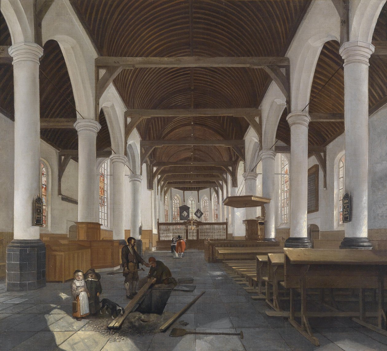 Interiér barokního kostela (Oude Kerk v Amsterdamu?) od Job Berckheyde