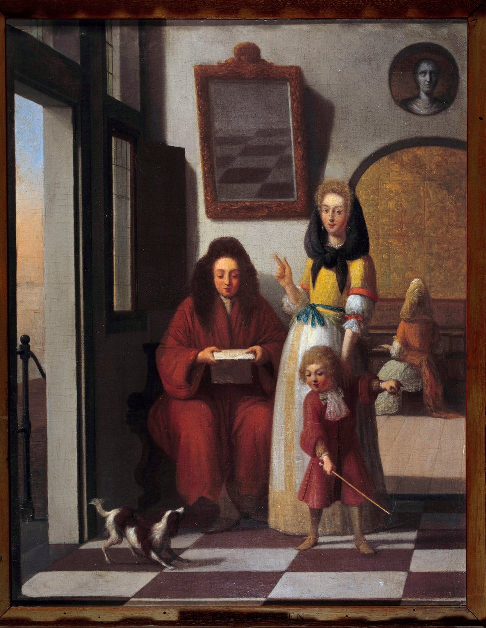 Žánrová scéna Rodina v interiéru. Matka nechává svého syna hrát si se psem. Obraz Joba Berckheyda (1630-1696) 17. století Avignon, Calvet Museum od Job Berckheyde