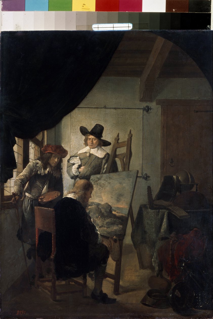 ""Návštěva v ateliéru malíře v Holandsku"" (Návštěva v ateliéru umělce) Obraz Job Adriaensz Berckheyde (1630-1693) 1659 Ermitážní muzeum, Petrohrad, Rusko. od Job Berckheyde
