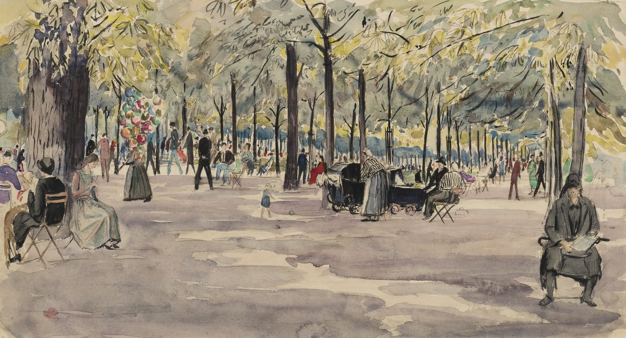Zahrady Tuileries, Paříž, kolem roku 1925 (inkoust a wc na papíře) od Job Nixon
