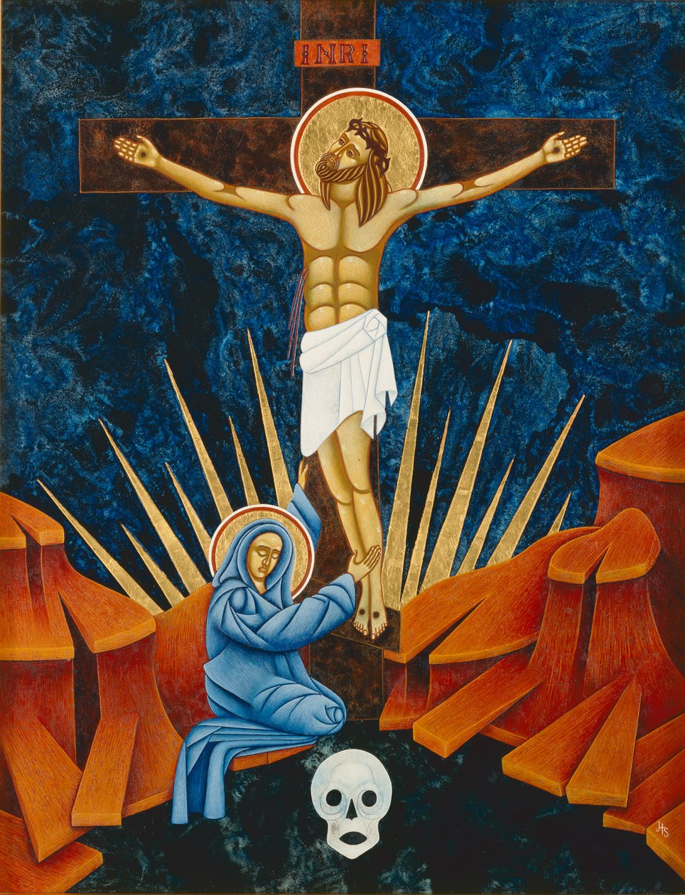 Ukřižování, 2005 (vaječná tempera a 24karátové zlato na dřevě) od Jodi Simmons