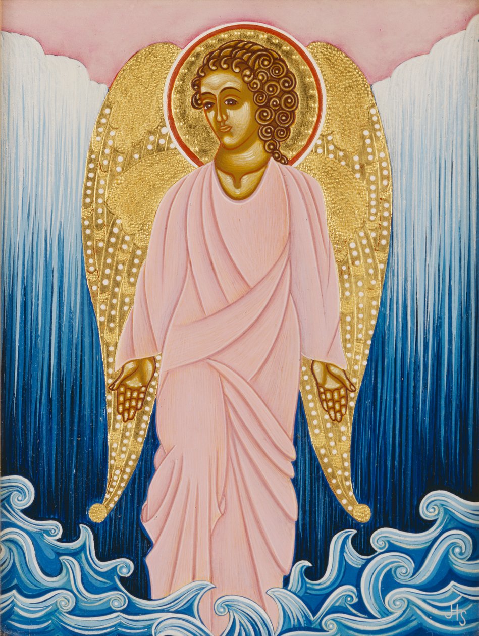 Gabriel, Anděl vody, 2004 (vaječná tempera a 24karátové zlato na dřevě) od Jodi Simmons