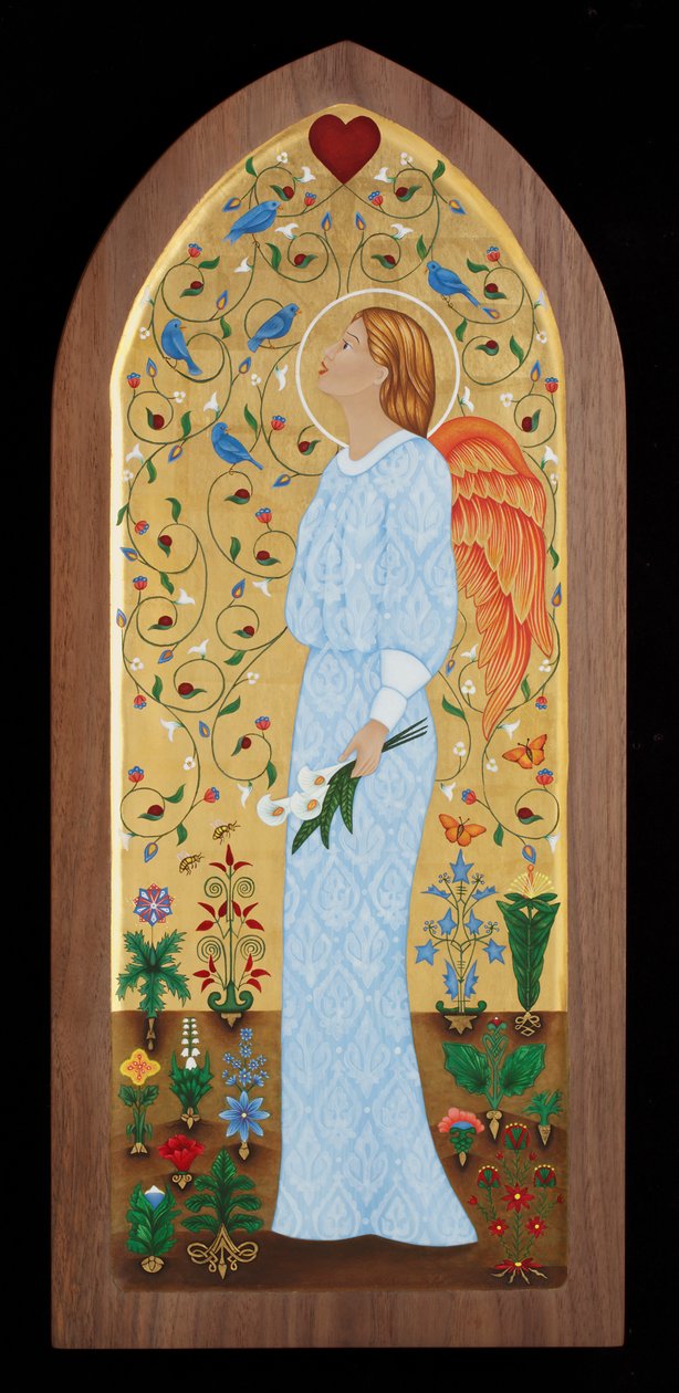 Zahradní anděl, 2015 (vaječná tempera a 24karátové zlato na dřevě) od Jodi Simmons