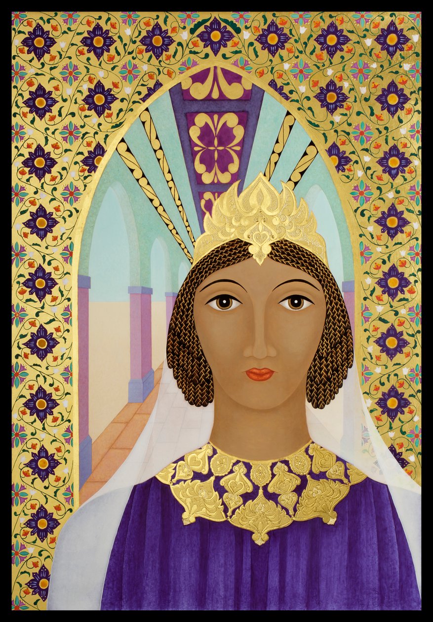 Královna Ester, 2014 (vaječná tempera a 24karátové zlato na dřevě) od Jodi Simmons