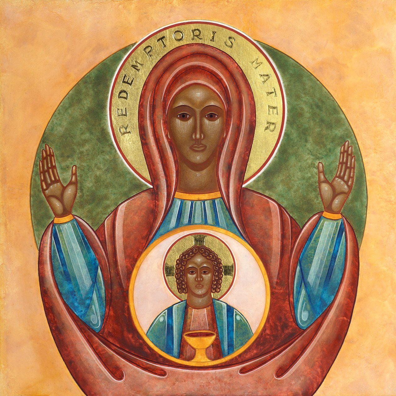 Redemptoris Mater, 2010 (vaječná tempera a 24karátové zlato na dřevě) od Jodi Simmons