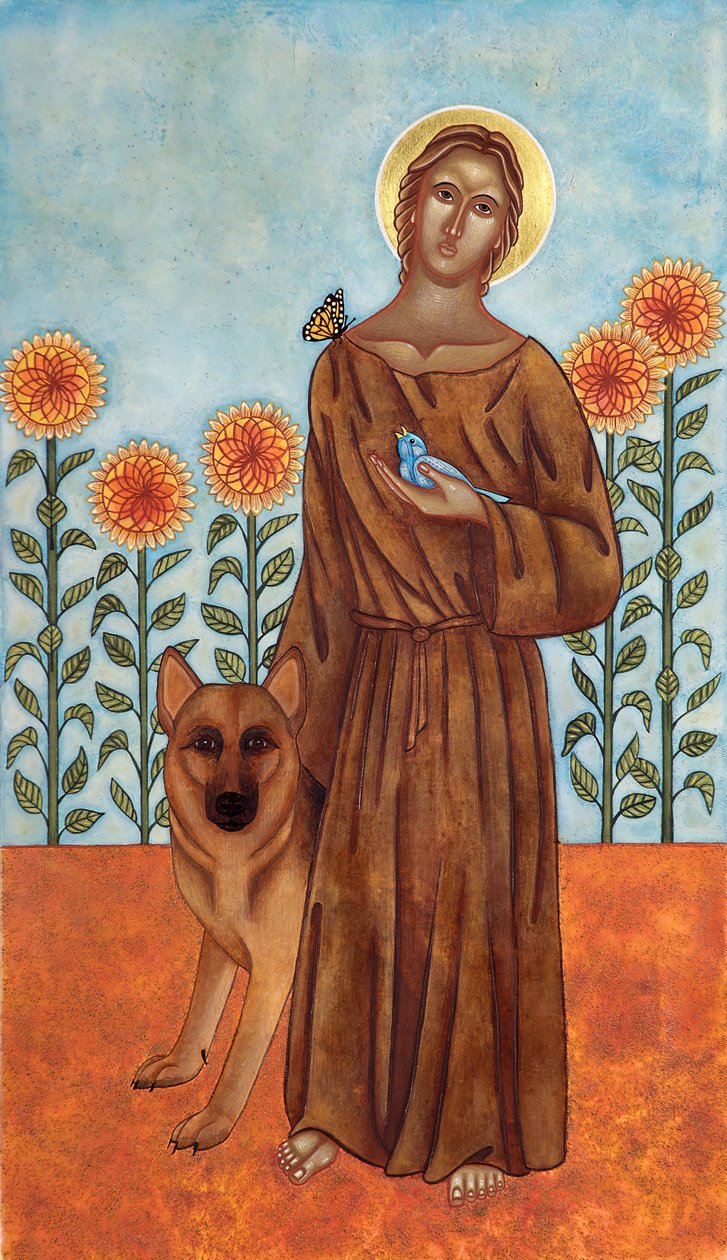 Svatý František a vlk z Gubbia, 2009 (vaječná tempera a 24karátové zlato na dřevě) od Jodi Simmons