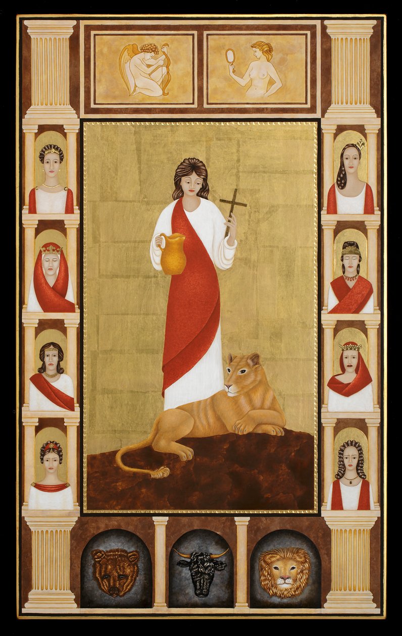 Svatá Thekla, 2014 (vaječná tempera a 24karátové zlato na dřevě) od Jodi Simmons