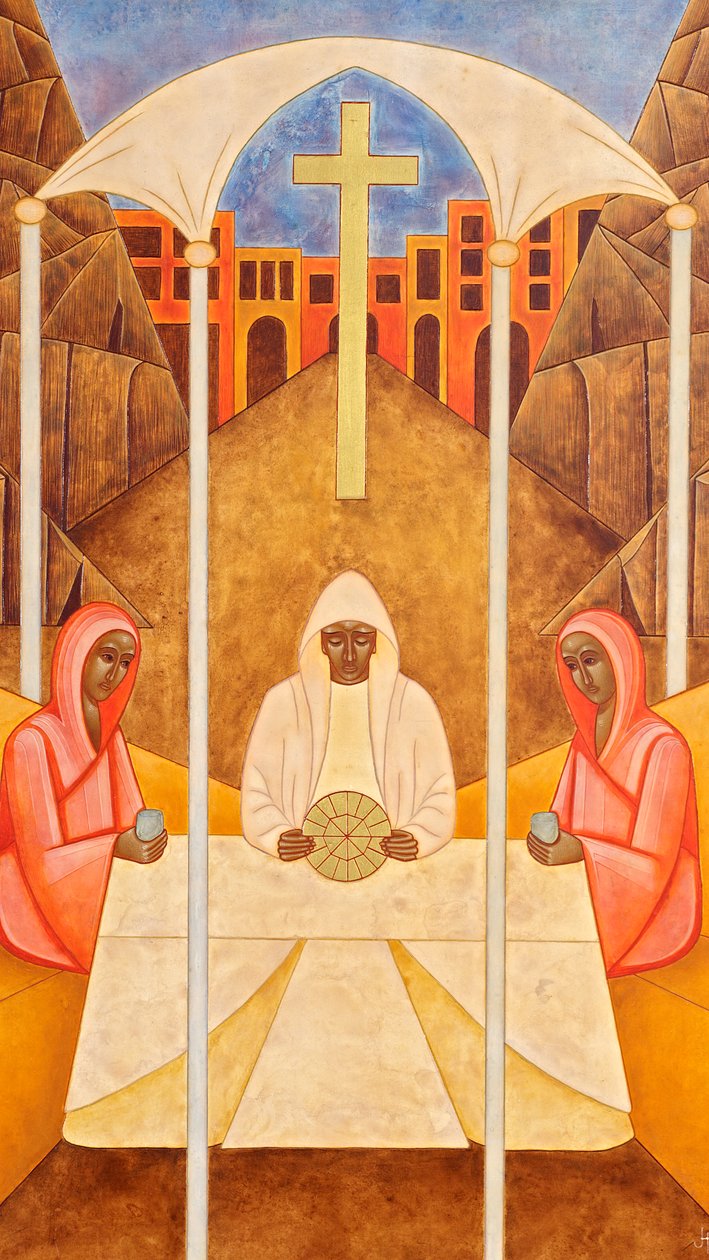 Večeře v Emauzích, 2011 (vaječná tempera a 24karátové zlato na dřevě) od Jodi Simmons