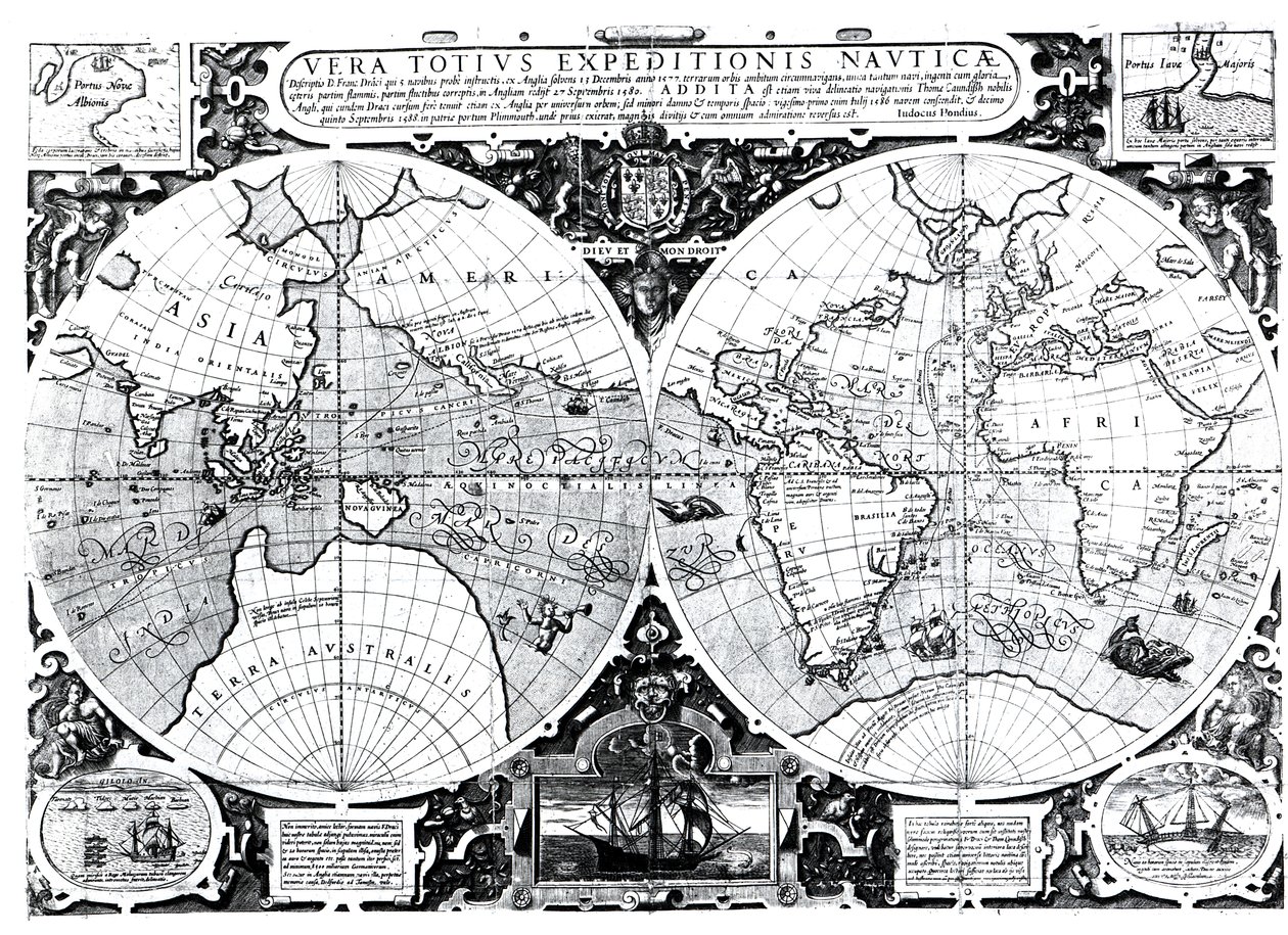 Mapa světa; Vera Totius Expeditionis Nauticae, mapující obeplutí zeměkoule (vlevo) Sir Francis Drake (1540-96) a (vpravo) Thomas Cavendish (1560-92) kolem 1595 od Jodocus Hondius