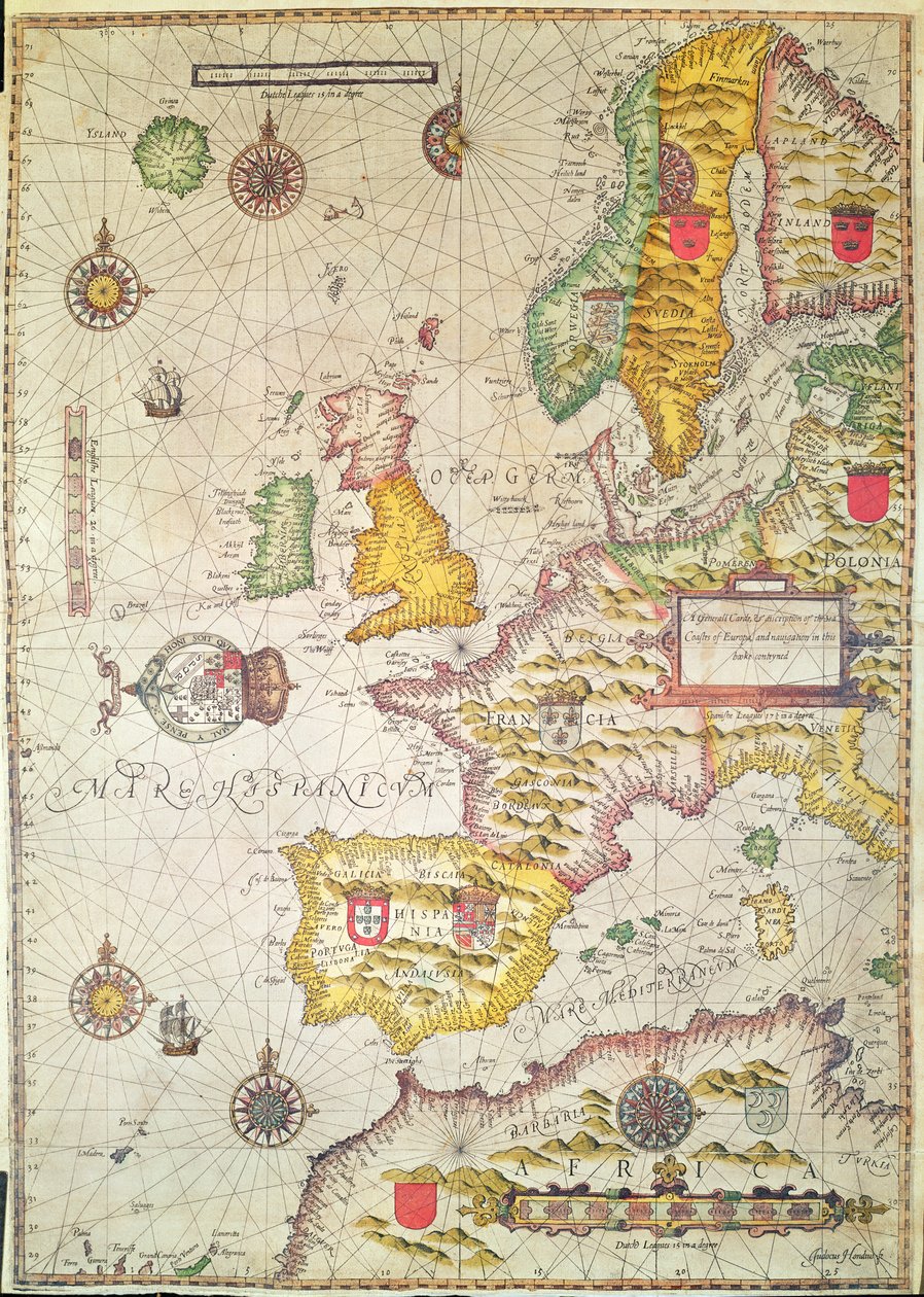 Obecná péče a popis mořských pobřeží Evropy a navigace v této knize obsažené (ručně kolorovaná rytina) od Jodocus Hondius