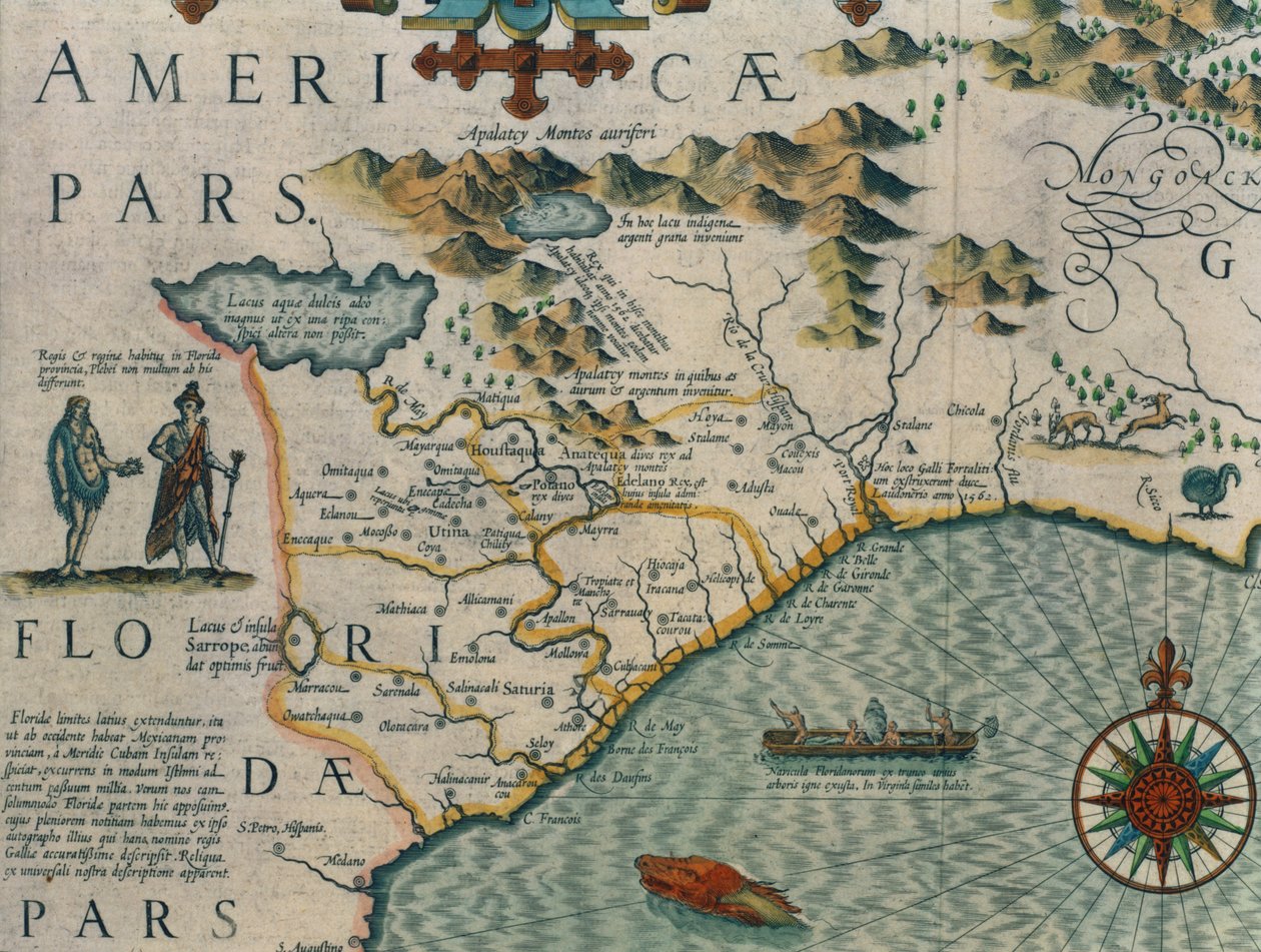 Pobřeží Severní Karolíny, detail mapy s názvem Virginiae item et Floridae z Mercator Atlas... z roku 1606, hospoda. od Jodocus Hondius, 1619 ručně kolorovaná rytina viz také 66818, 81957 & 81958 od Jodocus Hondius