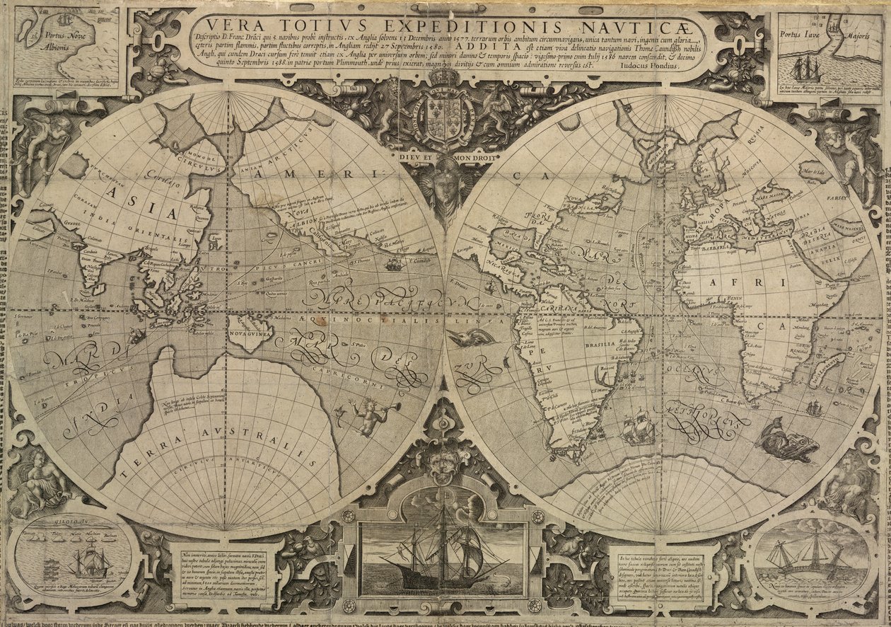 Drakeova světová cesta v letech 1577-80, pravdivý popis celé námořní výpravy od Jodocus Hondius
