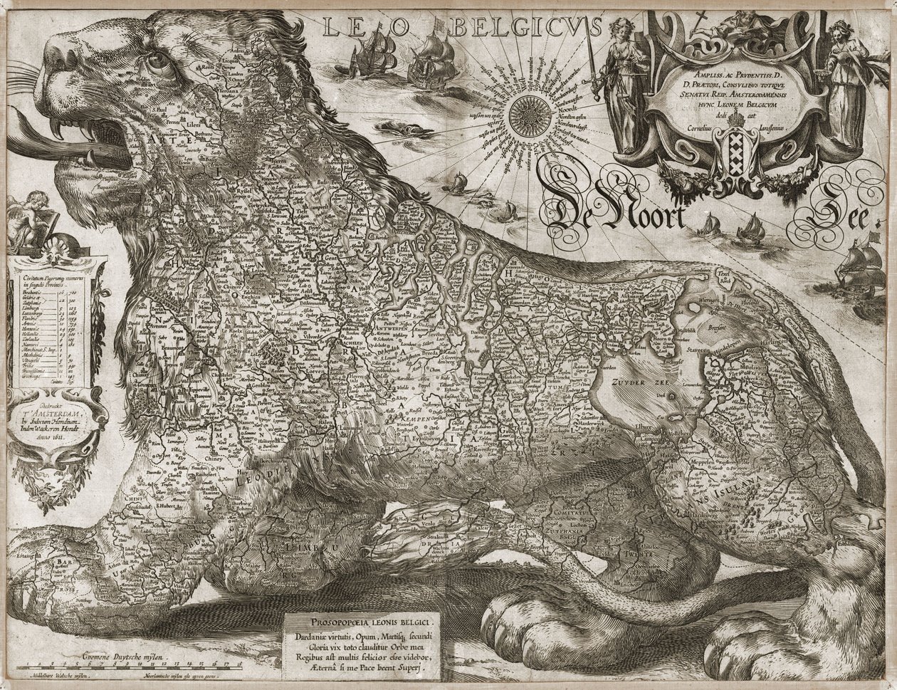 Leo Belgicus - mapa Nízkých zemí (1611) od Jodocus Hondius