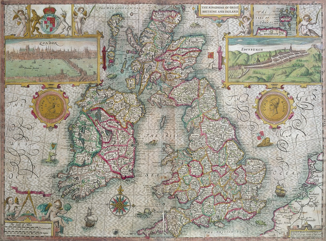 Mapa království Velké Británie a Irska, 1610 (ručně kolorovaná rytina) od Jodocus Hondius