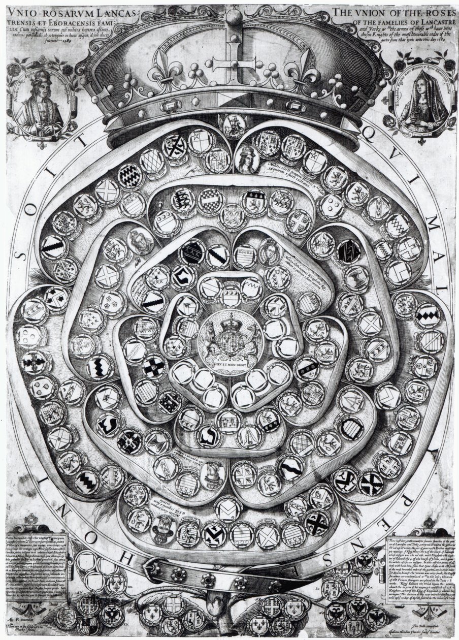 Svaz růží rodů Lancaster a York, 1589 (deska) od Jodocus Hondius