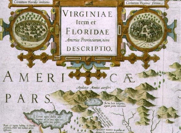 Titulní kartuše a vložky, detail mapy Severní Karolíny s názvem Virginiae item et Floridae, z Mercator Atlas... z roku 1606, pub. od Jodocus Hondius, 1619 (ručně kolorovaná rytina) (viz také od Jodocus Hondius