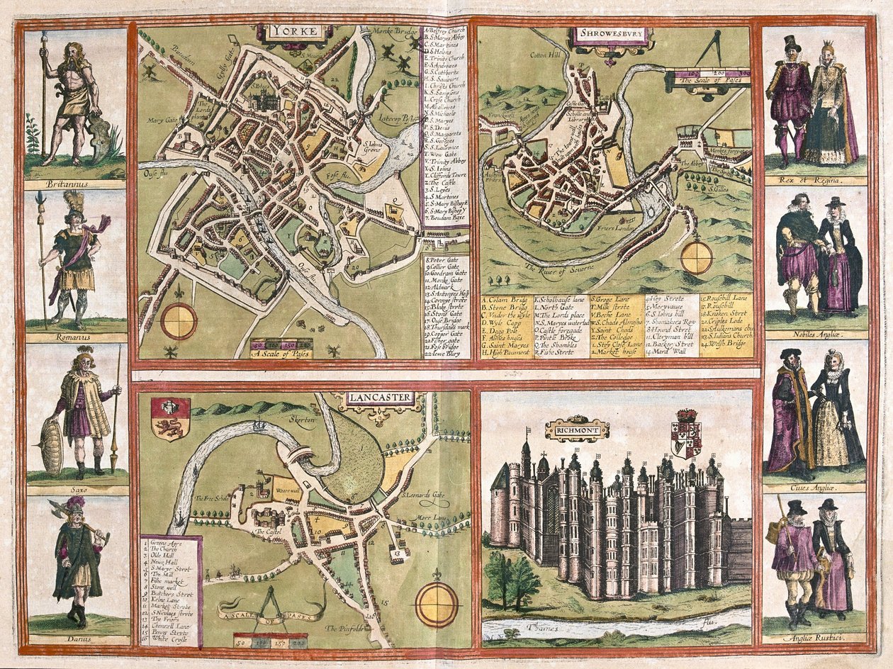 York, Shrewsbury, Lancaster a hrad Richmond, Anglie od Jodocus Hondius