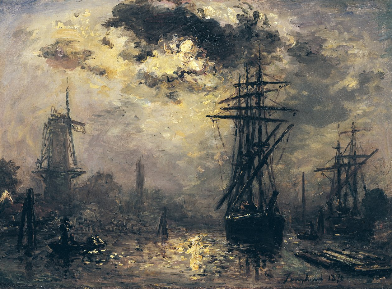 Pohled na přístav nebo větrné mlýny v Rotterdamu, 1870 od Johan Barthold Jongkind