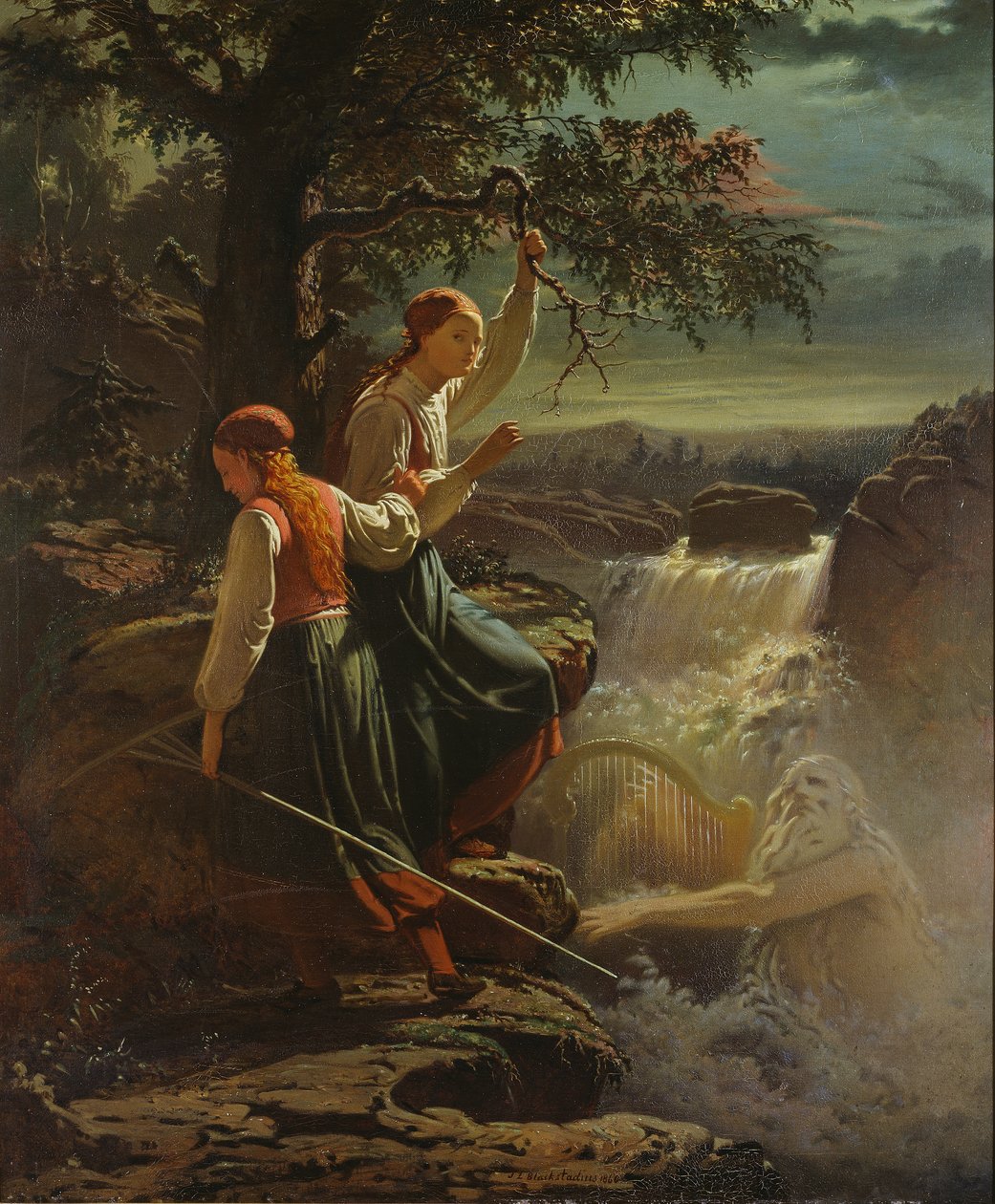 Dvě venkovské dívky naslouchající hře na vodní tříšť, 1860 od Johan Blackstadius