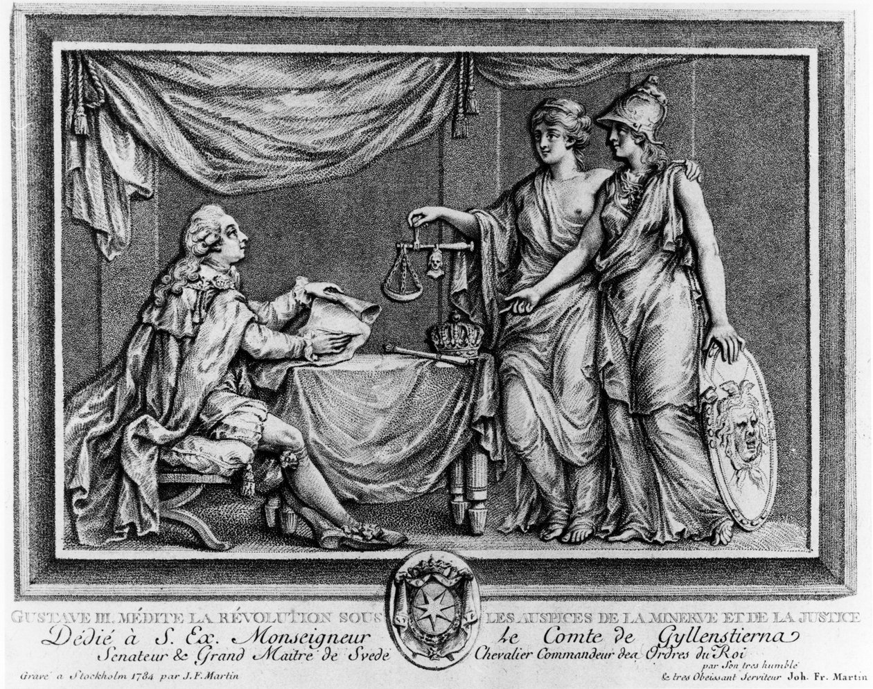 Gustave III uvažující o revoluci pod záštitou Minervy a spravedlnosti, 1784 od Johan Fredrik Martin