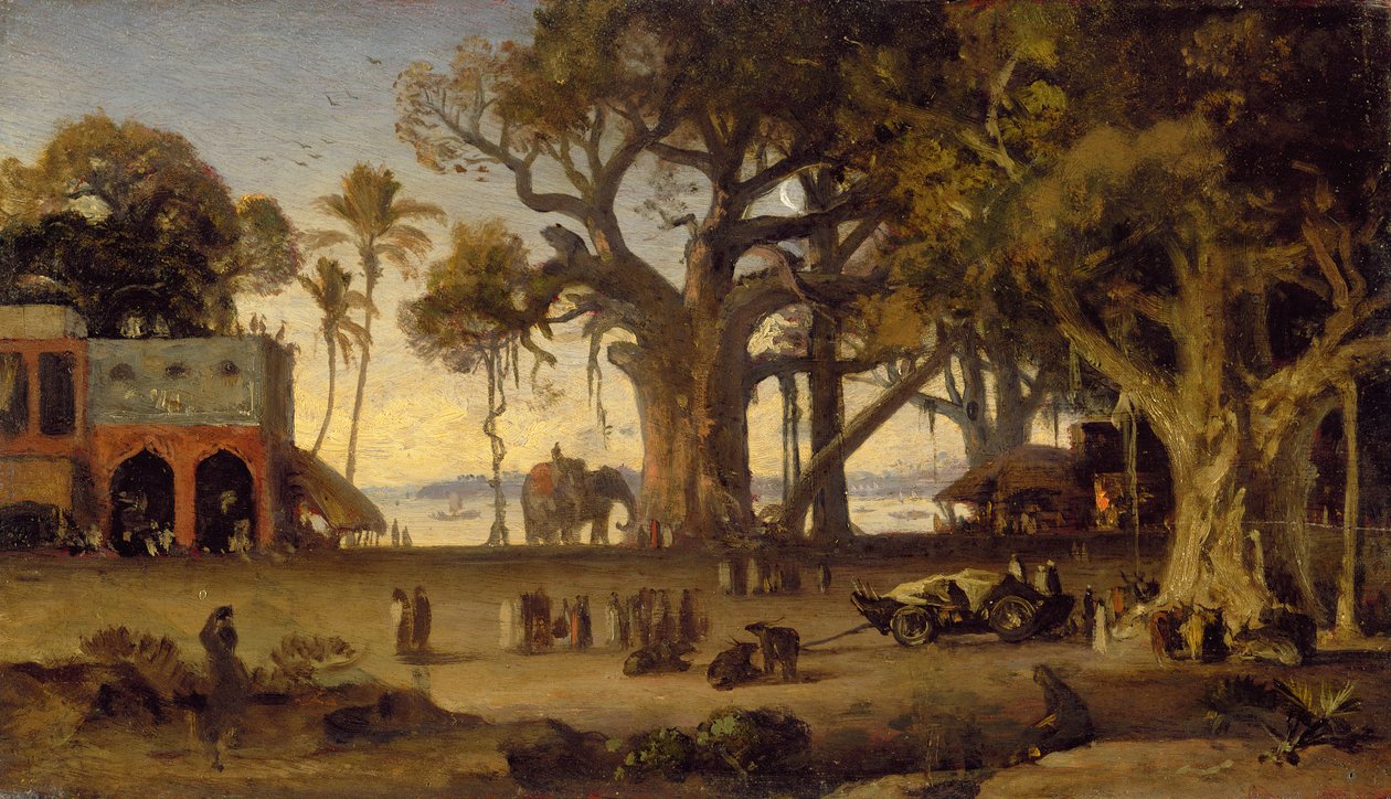 Měsíčná scéna indických postav a slonů mezi Banyan Trees, Horní Indie (pravděpodobně Lucknow) (olej na indickém panelu z tvrdého dřeva) od Johan Joseph Zoffany