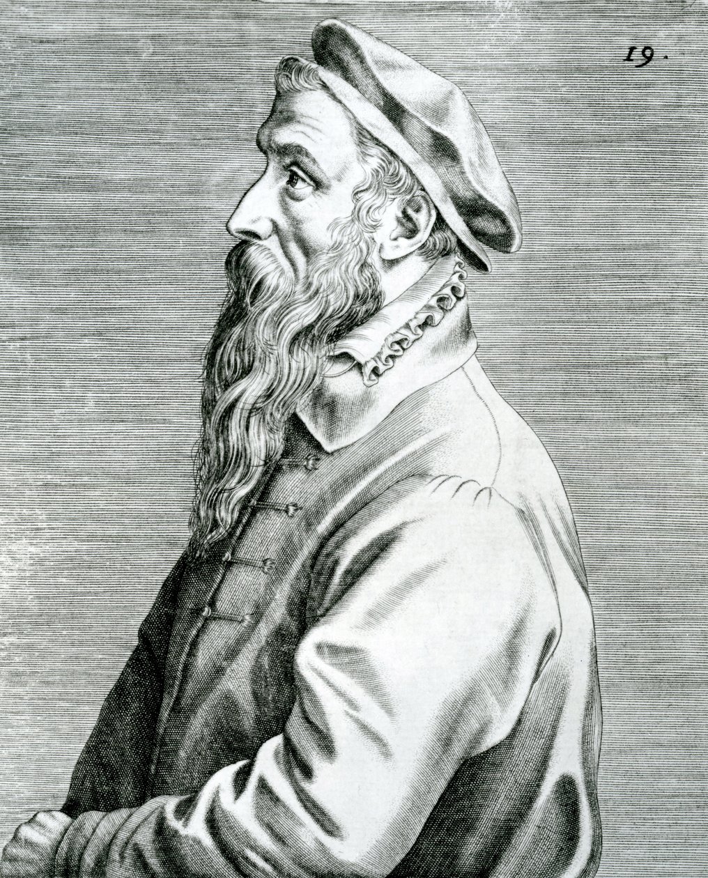 Peter Bruegel, deska 19 ze série Pictorum aliquot celebrium Germaniae inferioris effigies (Portréty některých slavných umělců Dolních zemí), 1595 (rytina a knihtisk) od Johan Wierix