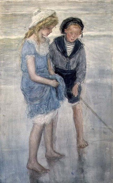 Děti pádlují na Scheveningen (akvarel) od Johan Antonio de Jonge