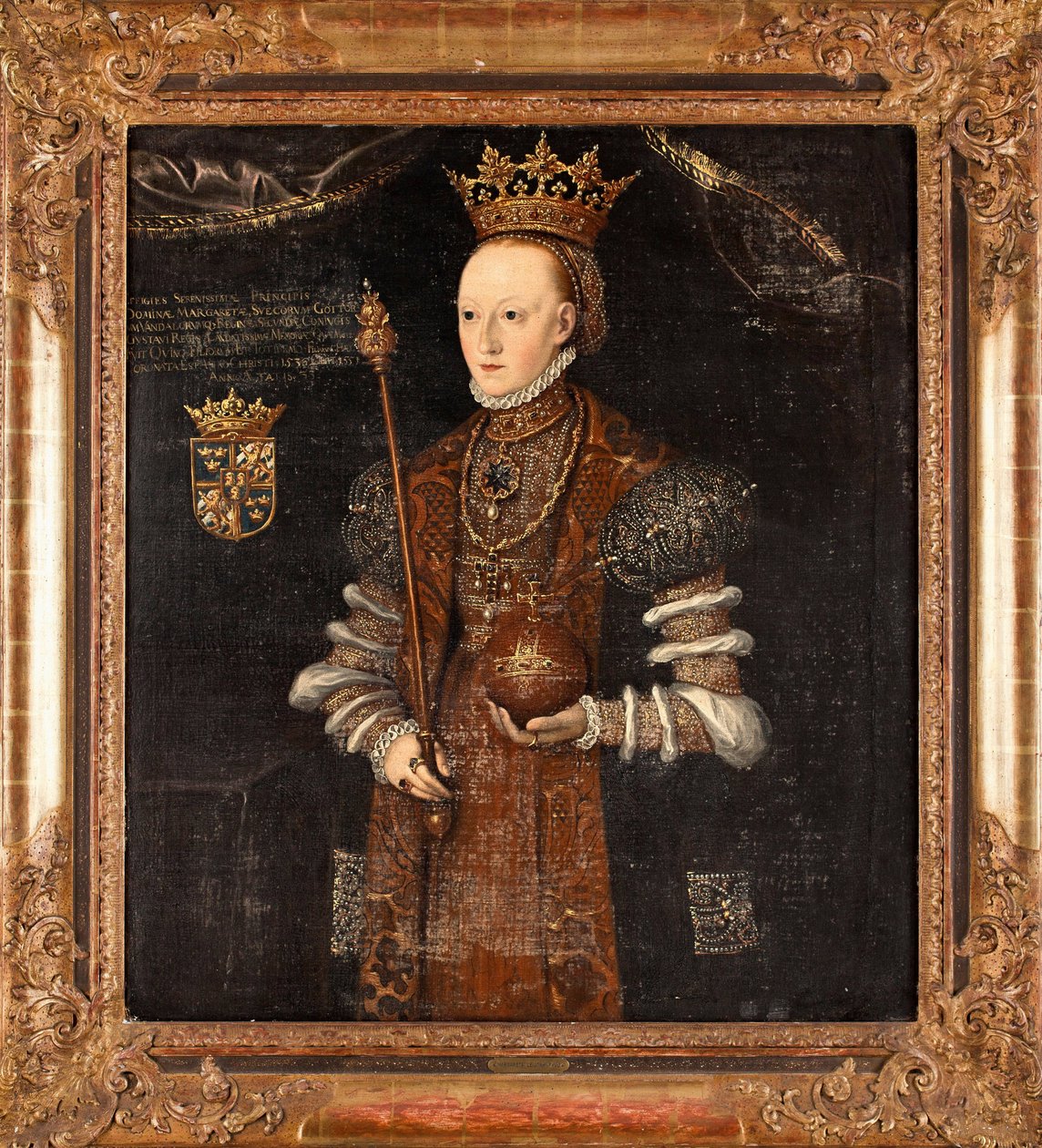 Portrét Marguerite Lejonhufvud (rozená Margareta Eriksdotter) (1516-1551), reine de Suede - Peinture de Johan Baptista van Uther (aktif 1562-1597), huile sur toile (102x90 cm) od Johan Baptista van (active 1562 1597) Uther