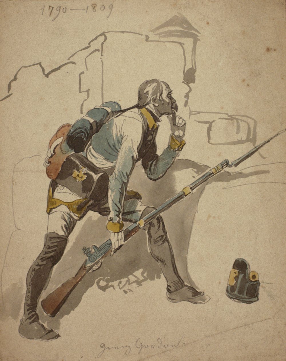 Soukromá pěchota linie (možná 27. pluk, Hesse Cassell), 1790-1809 (akvarel) od Johan Baptiste Heinefetter