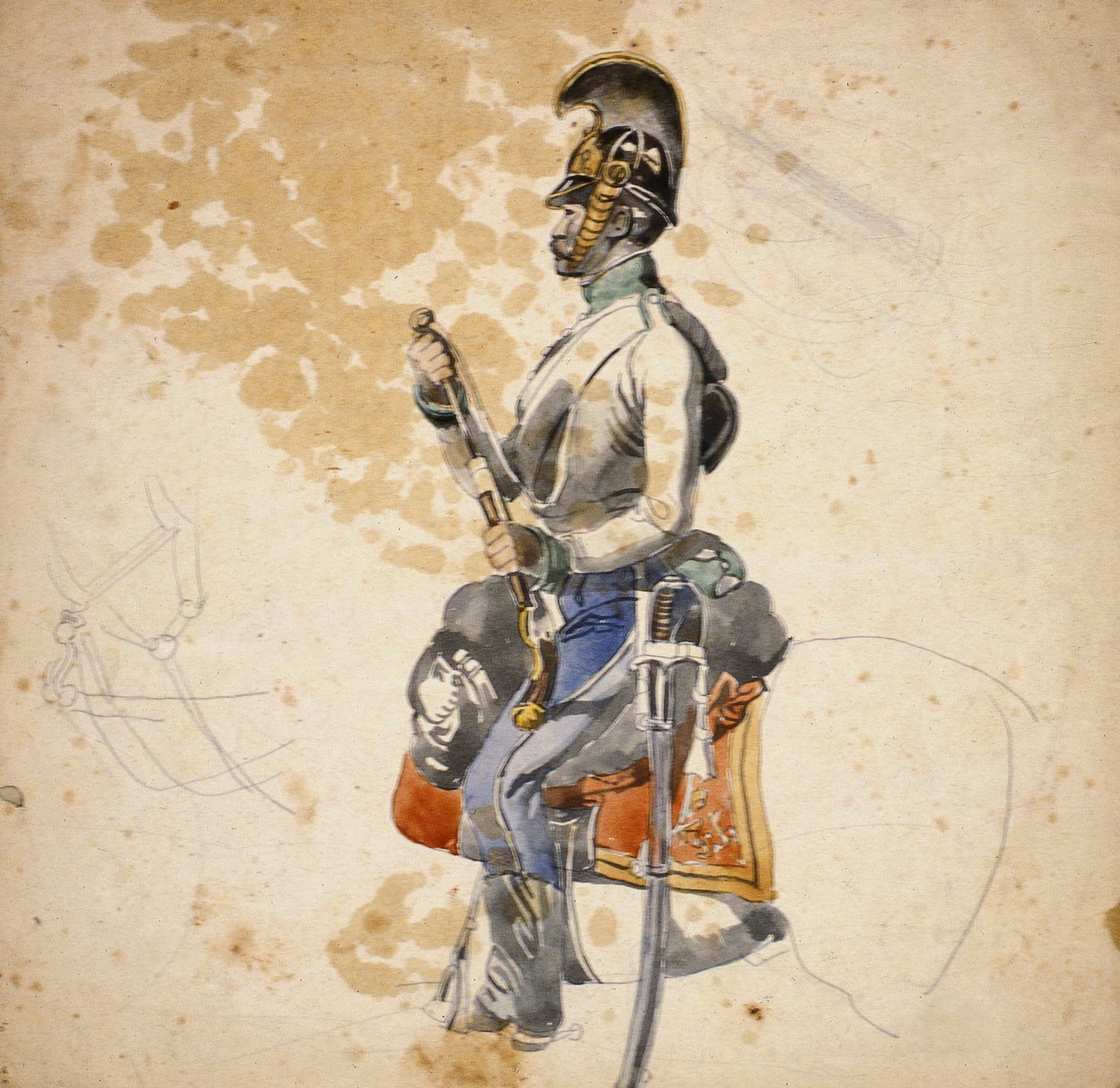 Voják 5. dragounského pluku zobrazen, jak dobíjí svou koňskou pistoli, 1840-1850 (tužka a vodová barva) od Johan Baptiste Heinefetter