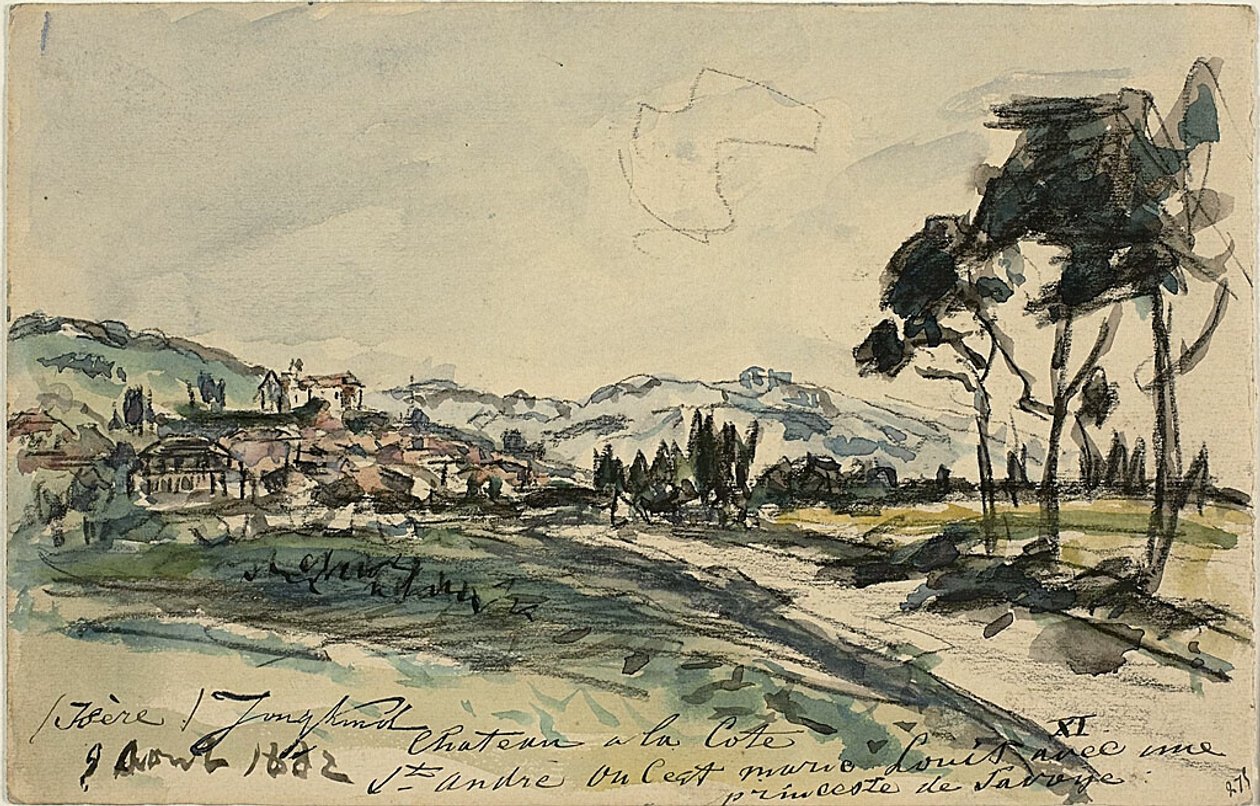 Zámek, Cote Saint Andre (recto) Prázdný vůz a kůlna s dalšími skicami (verso) od Johan Barthold Jongkind