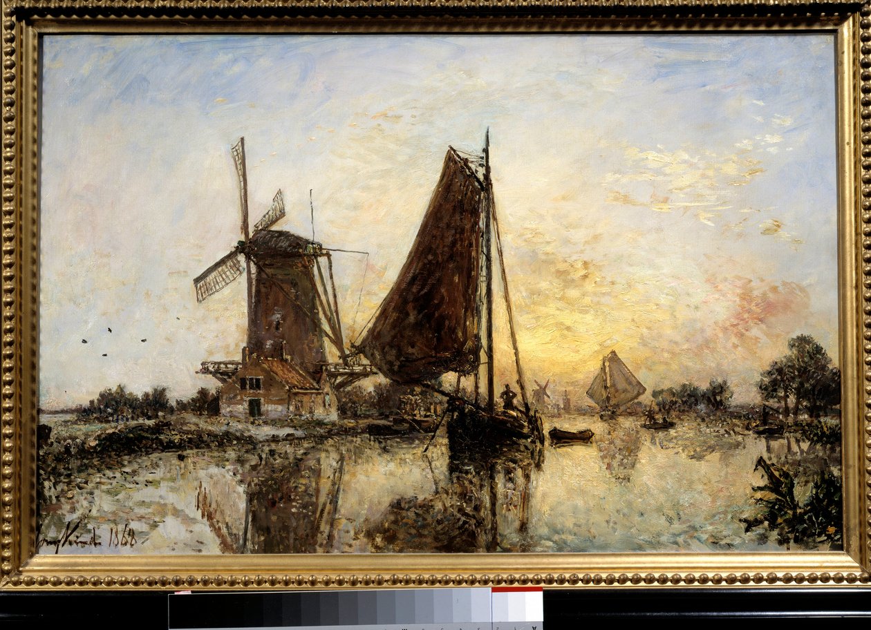 Nizozemská krajina, Lodě u mlýna Obraz Jean Barthold Jongkind (1819-1891) 1868 Ne. 0,52x0,81 m Paříž, Musee d