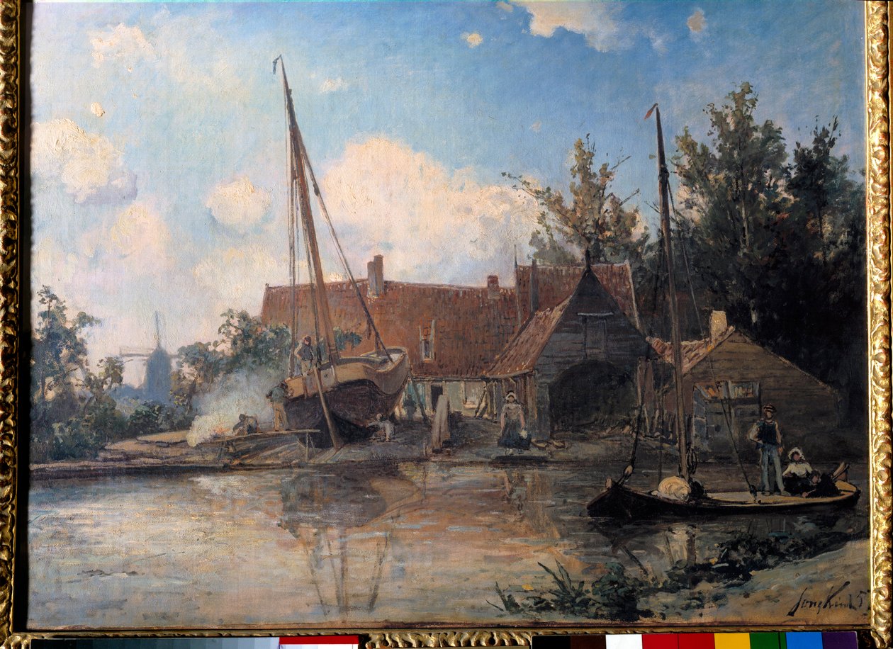 Holandská krajina s těsnícím velkým člunem Obraz Jean Barthold Jongkind (1819-1891) 1857 Sun. 0,42 x 0,56 m od Johan Barthold Jongkind