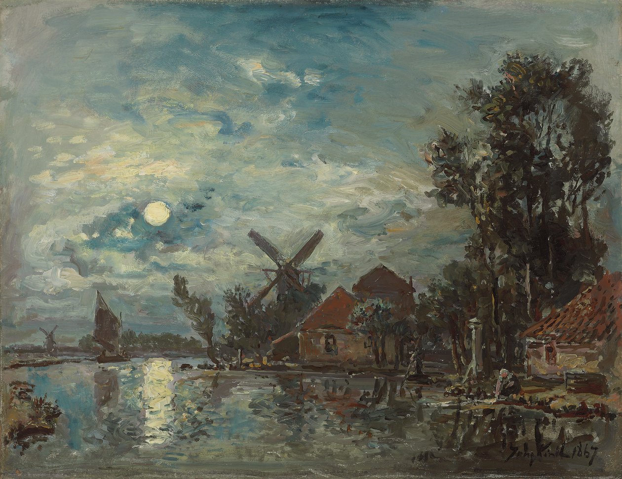 Moonlight on the Estuary, Holandsko; Měsíční efekt nad ústím, Holandsko, 1867 od Johan Barthold Jongkind