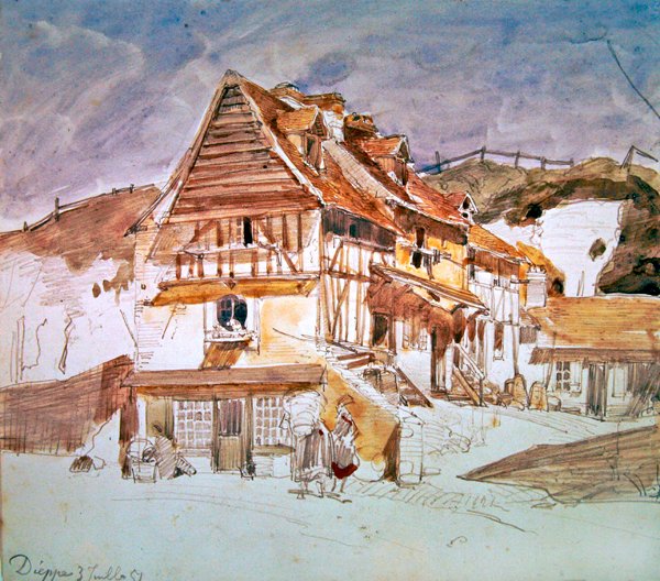 Staré domy v Dieppe, Normandie, Francie, 1851 (pero, inkoust a wc na papíře) od Johan Barthold Jongkind